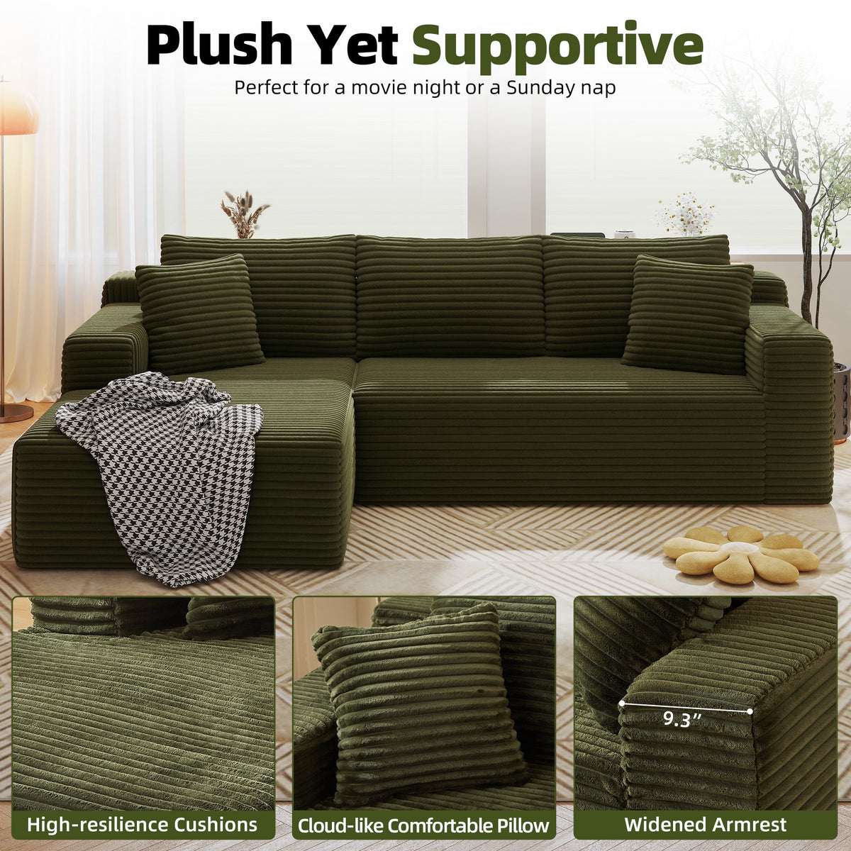 AENKYO 96" Cloud Modular Sectional Sofa with L-Shape Chaise, Deep Seat Corduroy Upholstered Couch, No Assembly Required, Green