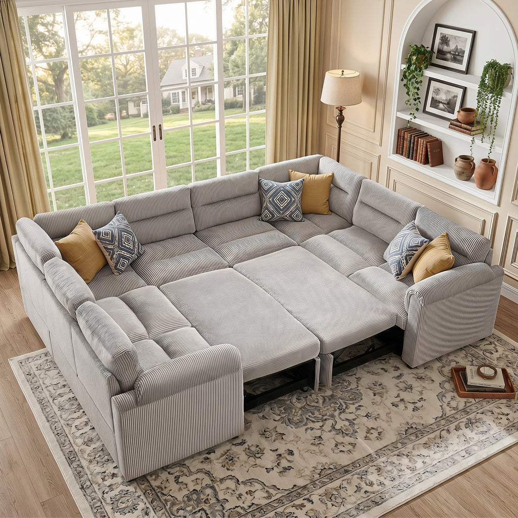  114 inch Sectional Sleeper Sofa with Pull Out Bed Convertible Corduroy Modular Sofa Upholstered Sofa Bed for Living Room Gray