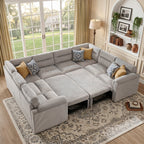  114 inch Sectional Sleeper Sofa with Pull Out Bed Convertible Corduroy Modular Sofa Upholstered Sofa Bed for Living Room Gray