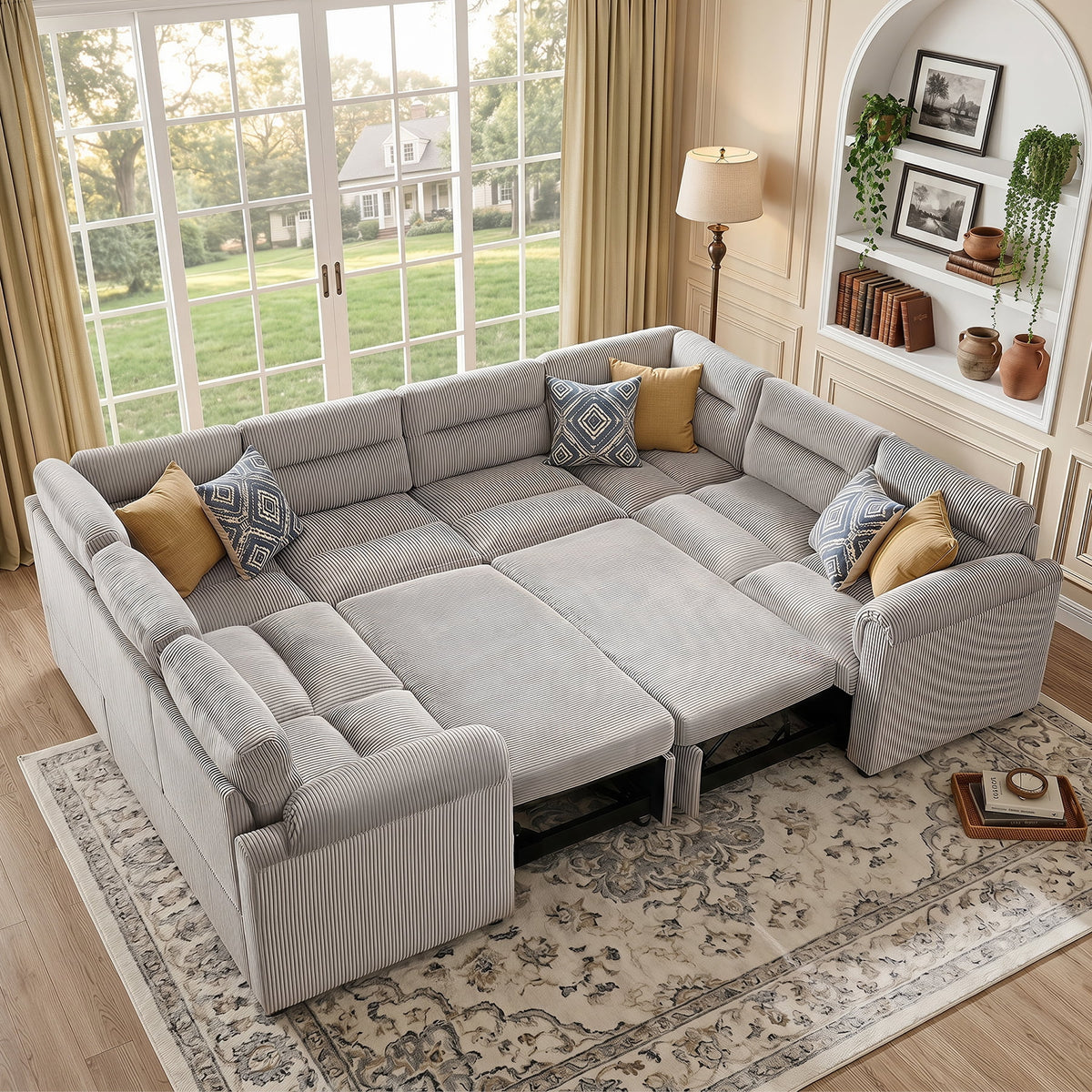 114 inch Sectional Sleeper Sofa with Pull Out Bed Convertible Corduroy Modular Sofa Upholstered Sofa Bed for Living Room Gray