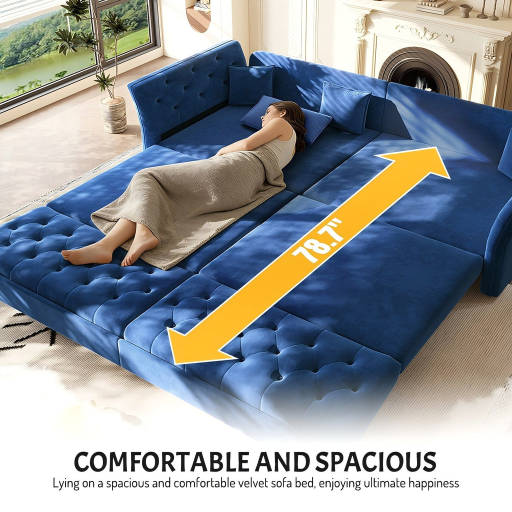  100" Pull Out Sofa Bed King Size, Loveseat Sleeper Sofa Couch Convertible Sofa Bed, Velvet Sofa for Living Room Blue