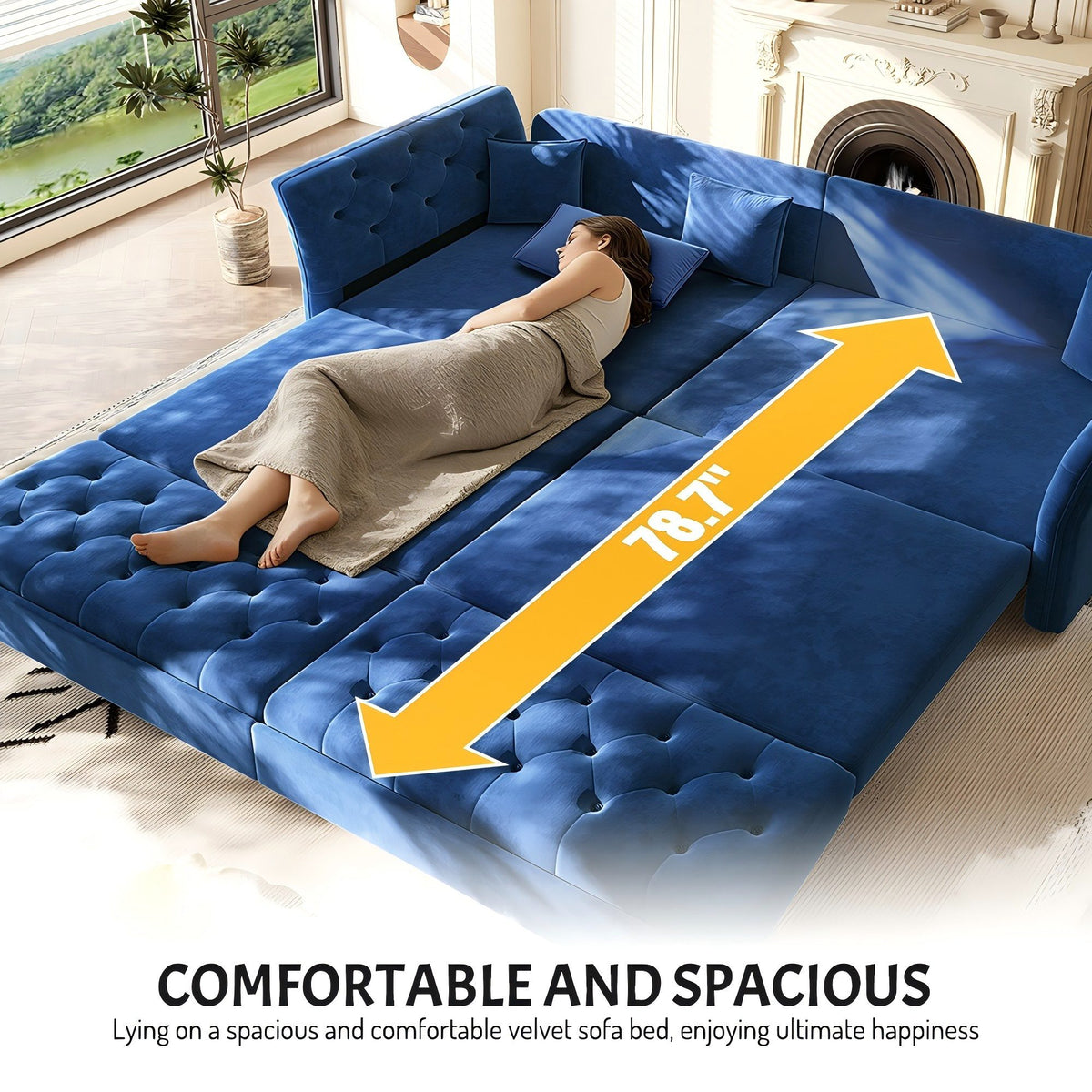  100" Pull Out Sofa Bed King Size, Loveseat Sleeper Sofa Couch Convertible Sofa Bed, Velvet Sofa for Living Room Blue