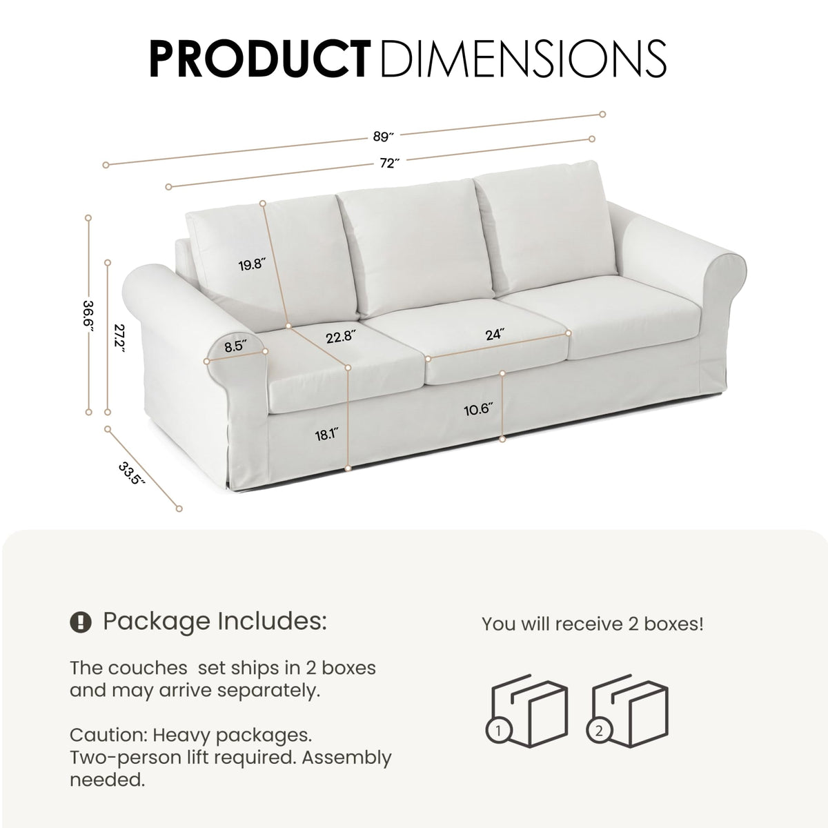 Vorthio 89" 3-Seater Farmhouse Sofa, Deep Seat Couch with High Back Support, Removable Washable Cover, Rolled Arms, Grey