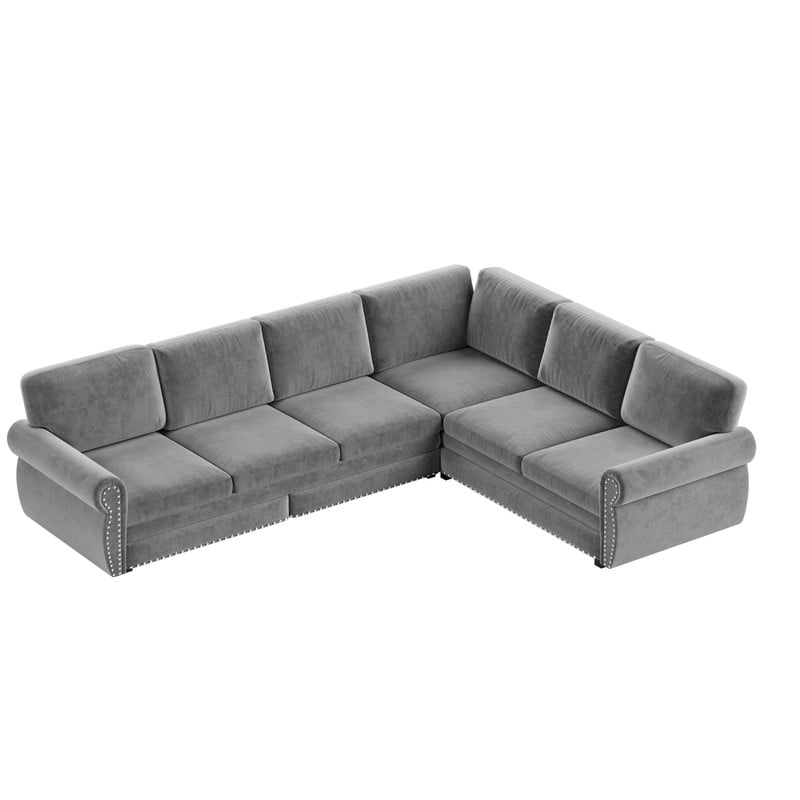 118" L-Shaped Convertible Sleeper Couch Bed, Chenille Upholstered Sectional Sofa with Pull-Out Sofa Bed, Modern Chesterfield Sofa for Living Room