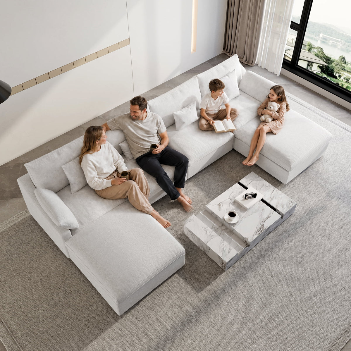 160" Cloud Couch Sectional for Living Room, Down Filled 4 Seater, Convertible Sofa Couch, White