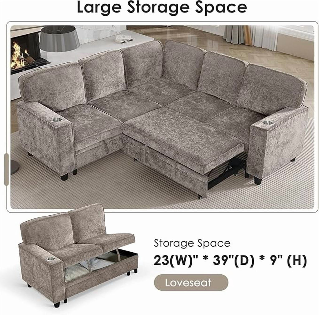  81" Sectional Sleeper Sofa with Pull Out Bed, Modular L-Shaped Chenille Couch with Storage Chaise, USB Charging Ports & Cup Holders for Living Room, Apartment, Light Brown