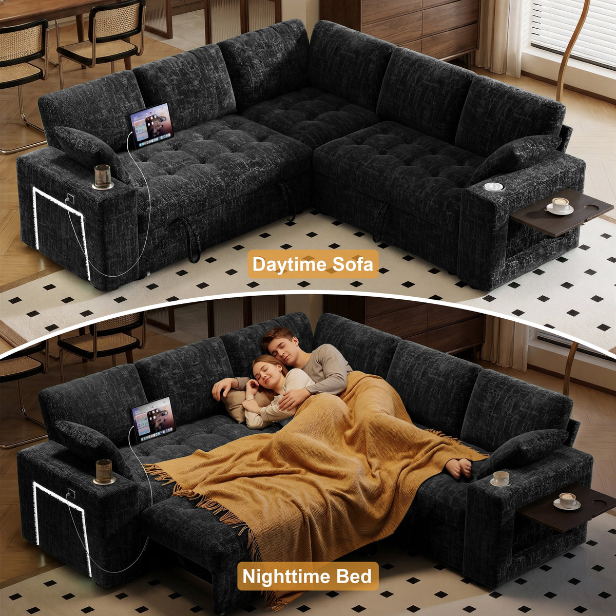 85" Modular Sectional Sleeper Sofa with Pull Out Bed, 5 Seat Chenille L Shaped Couch with USB Ports|Cup Holders|Side Table|Storage Loveseat, Tool Free Assembly,Black