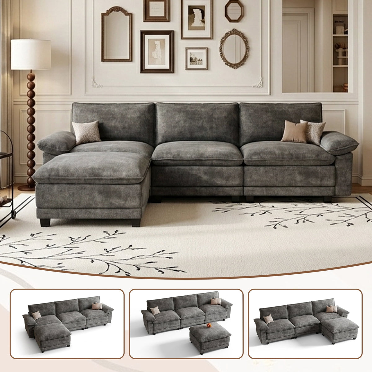 DoMaDing 108" L Shaped Modular Sectional Cloud Sofa, Sofa Couch for Living Room, Comfortable Couch with Modular Design, Sturdy Frame, Dark Gray