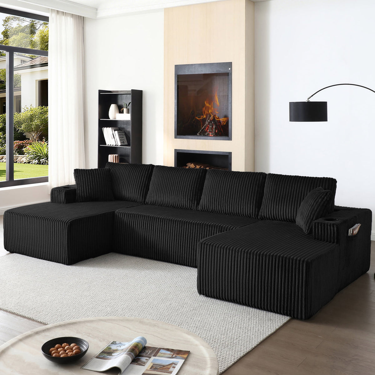  124 Inch U Shaped Modular Sectional Sofa, Modern Corduroy Boneless Sofa for Living Room, Upholstered Deep Seat Cloud Sofas Couches, No Assembly Required, Black
