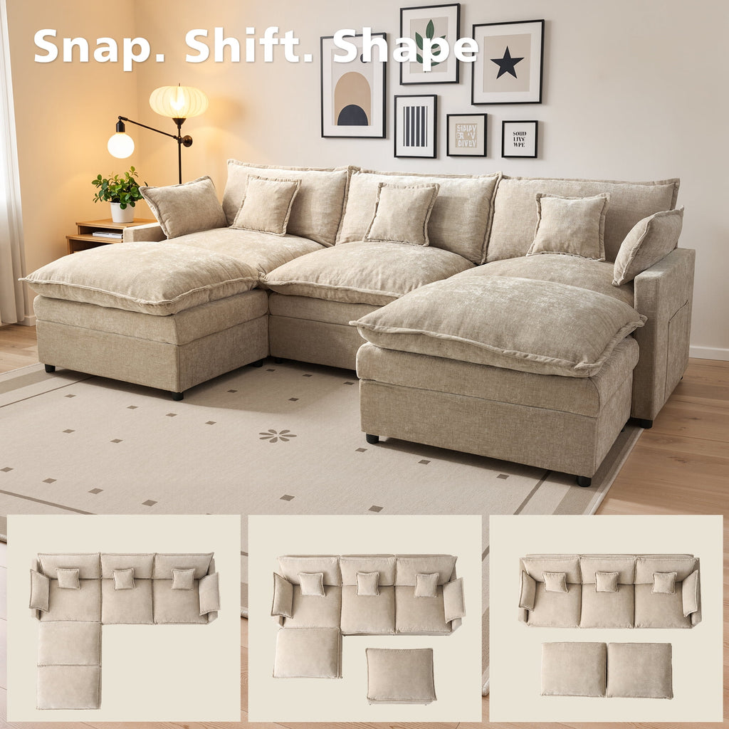  108" Modular Sofa U-Shaped Cloud Sectional Couch with 2 Ottomans, Comfy Deep Seat Chenille Sofa for Living Room, Apartment, Camel
