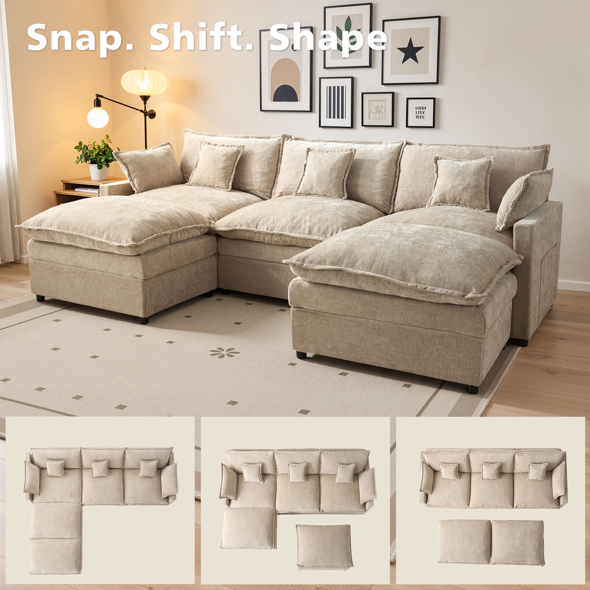  108" Modular Sofa U-Shaped Cloud Sectional Couch with 2 Ottomans, Comfy Deep Seat Chenille Sofa for Living Room, Apartment, Camel