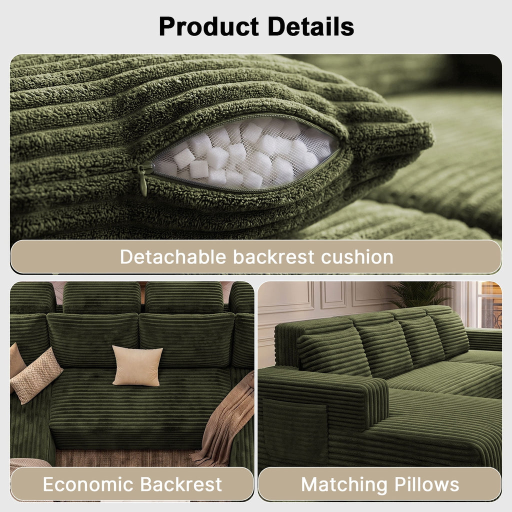 Garaneeds 113" Oversized U Shaped Sectional Sofa for Living Room, Modular Boneless Cloud Couch with Chaise, Corduroy Deep Seat Sofa, High Back Support, No Assembly Required, Green