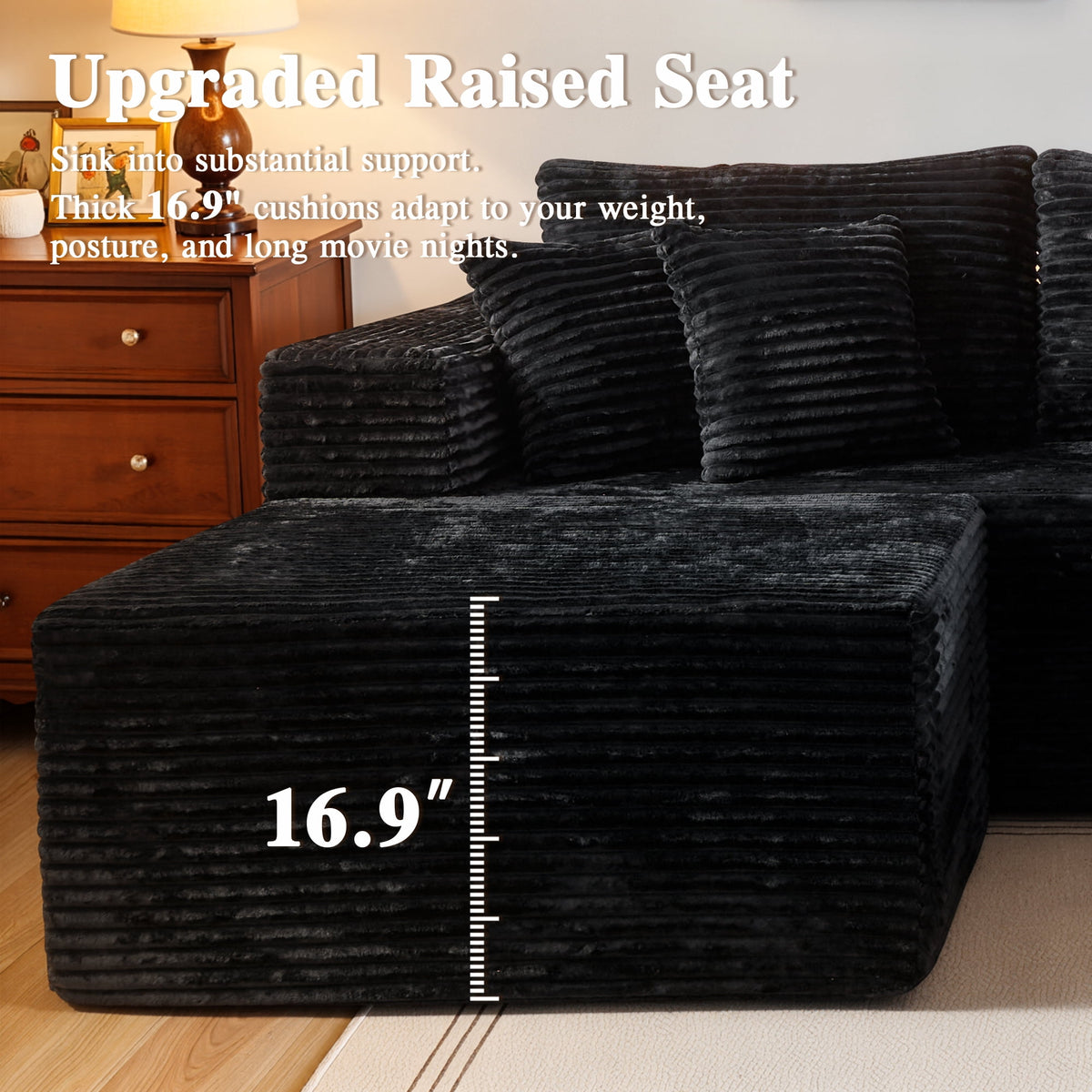  108" Boneless Couch L Shape Cloud Modular Sectional Couch with Chaise & Ottoman, Comfy Corduroy Sofa for Living Room, Apartment, Black