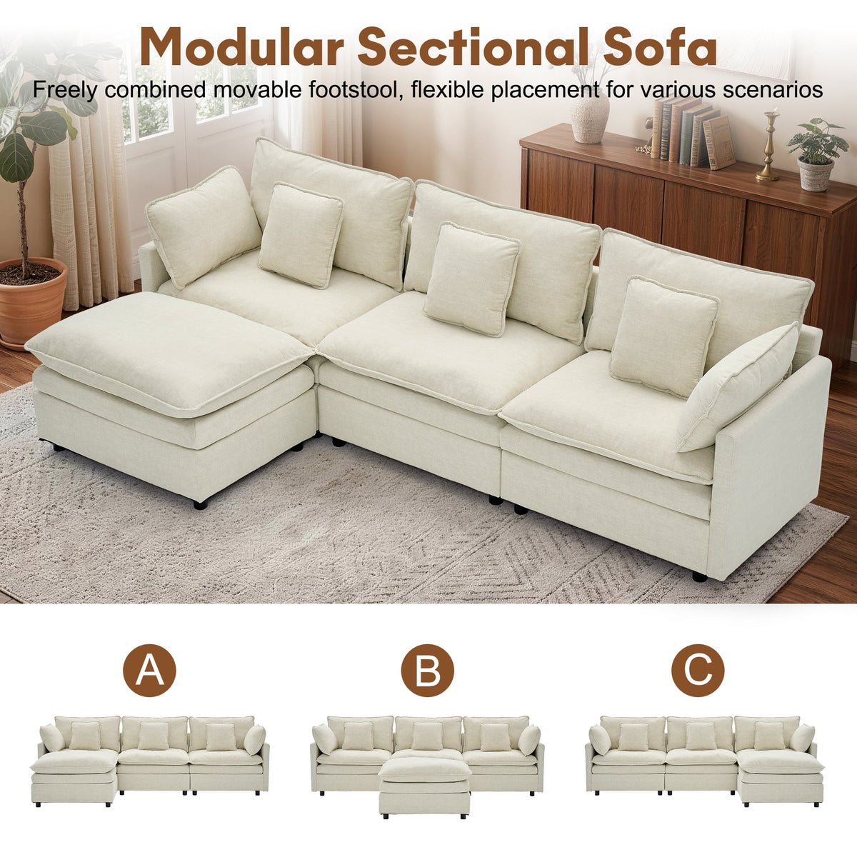 Korser Modular Sectional Cloud Couch with Movable Ottoman,3-Seat Modern Sofa with Pillows,Deep Seat L-Shaped Couch for Living Room,Bedroom,Assembly Required,Beige