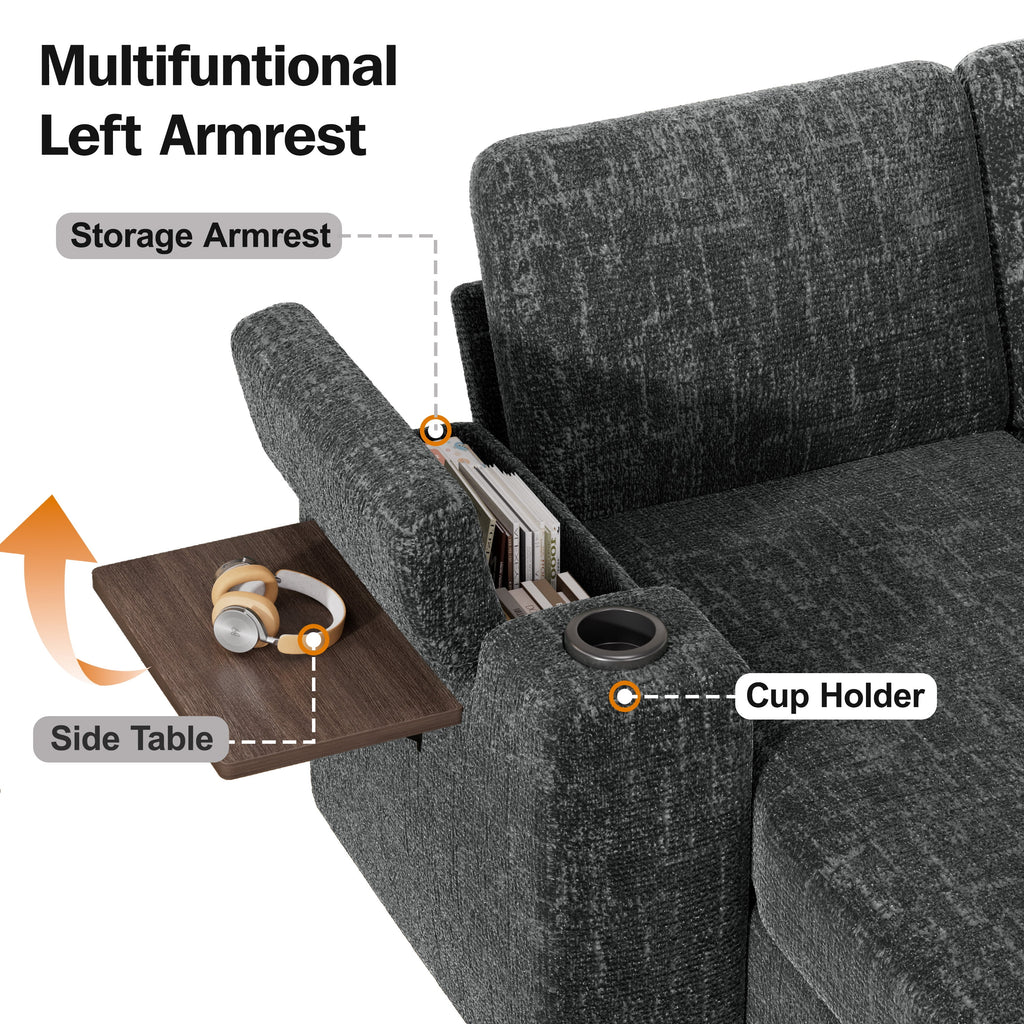 110" Modular Sectional Sleeper Sofa with Pull Out Bed, 7 Seat Plush L Shaped Couch with Storage Chaise|USB Ports|Cup Holders|Side Table|Storage Armrests, Tool Free Assembly, Chenille Fabric Dark Gray