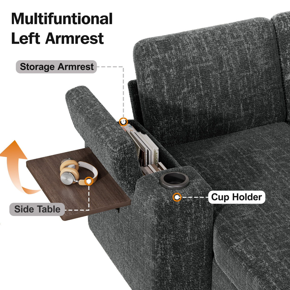 110" Modular Sectional Sleeper Sofa with Pull Out Bed, 7 Seat Plush L Shaped Couch with Storage Chaise|USB Ports|Cup Holders|Side Table|Storage Armrests, Tool Free Assembly, Chenille Fabric Dark Gray