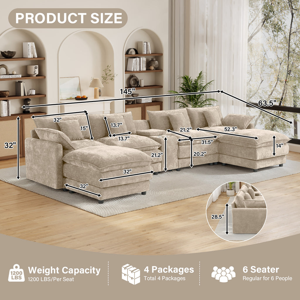 Wiilayok 145" Modular Sofa Set,Large Chenille U Shaped Sectional Sofa with Ottoman,Central Console,Cup Holder,5 Seater Deep Seat Couch for Living Room Furniture,Brown