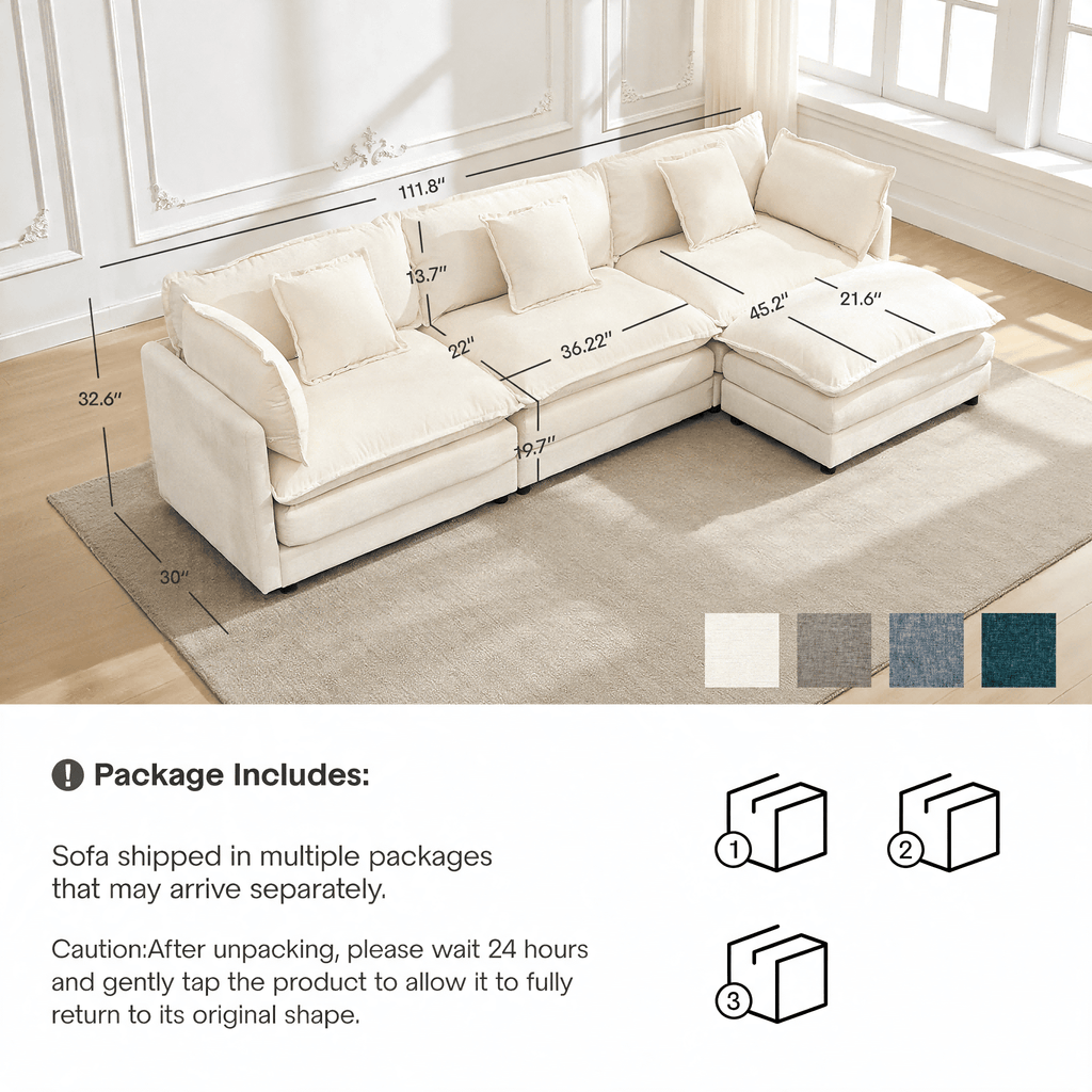 ATHOPE 112" Modular Sectional Sofa, L Shaped Cloud Couch with Movable Ottoman, Comfy Chenille Deep Seat Sofa with Throw Pillows, 3 Seat Modern Couches for Living Room Bedroom Apartment, Beige