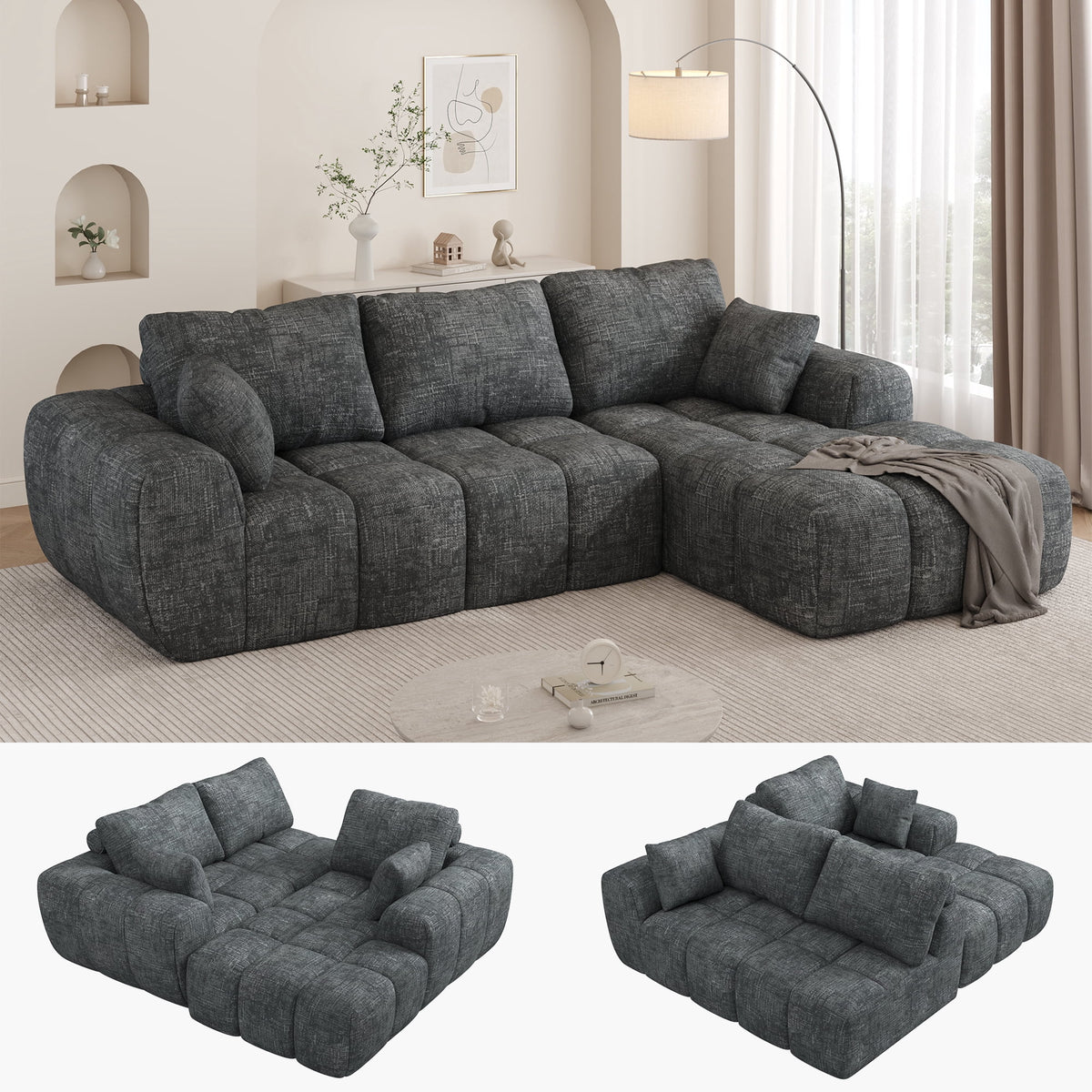  Sectional Sofa, 101" L-Shaped Modular Cloud Couch,Unique Chenille Fabric Couches and Sofas,Compression Sofa No Assembly Required(Deep Gray)