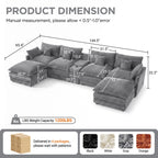 HUACANORA Contemporary Corduroy 6-Seat and Oversized U-Shaped Modular Sectional Cloud Couch with Hidden Storage Console and Cup Holders, Light Gray