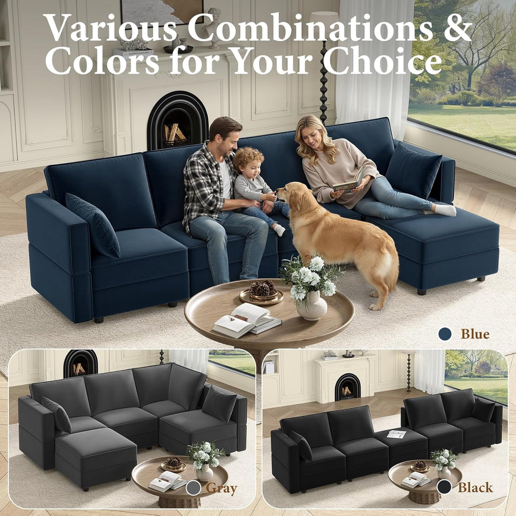  Sectional Couches with Storage Seats, 118" L Shaped Convertible Modular Sectional Sofa, 4 Seat & 1 Ottoman Velvet Storage Chaises Deep Seat Couch for Living Room, Bedroom, Apartment, Blue