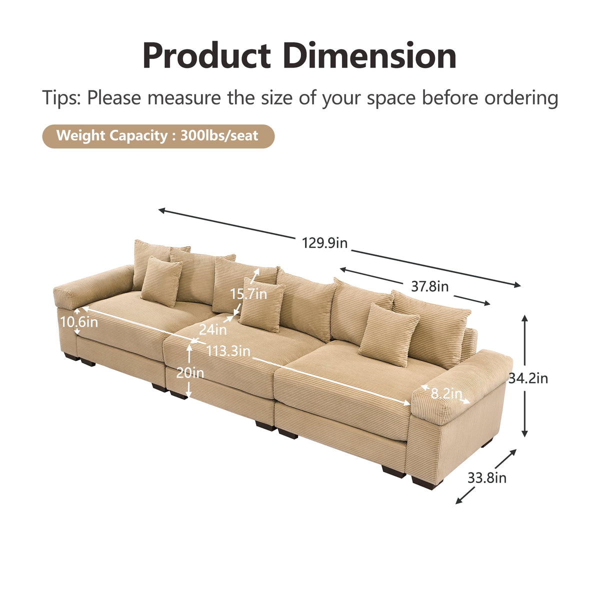 FFH 130" Oversized Modular Cloud Sofa, Cloud Sectional Couch for Living Room, 3 Seater Corduroy Sofa with Deep Seat, Easy Assembly, Camel