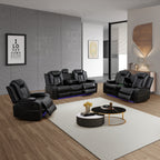  Black 3-Piece Multifunctional Smart Sofa with Console & Cup Holders, Solid Wood Frame, Double-Layer Springs and Air Leather