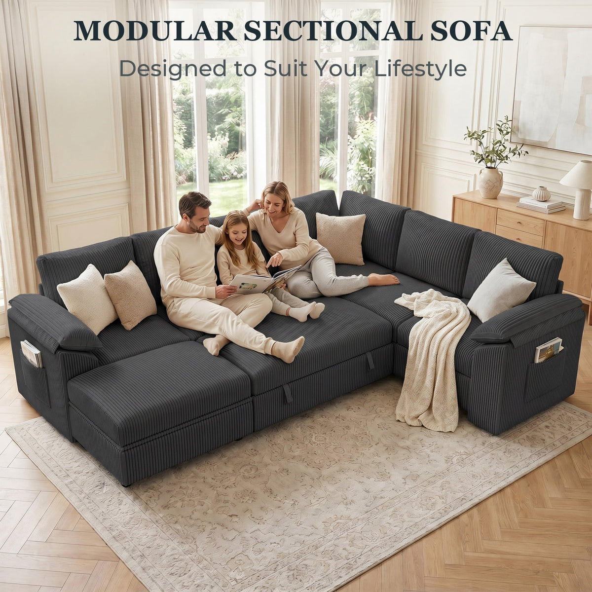 Time Ray 7 Seaters Storage Sectional Sleeper Sofa with Pull Out Bed,Modular Sectional Sofa with Storage Ottoman,Side Pocket,2 Loveseat,Plush Corduroy Sectional Couches for Living Room,Grey