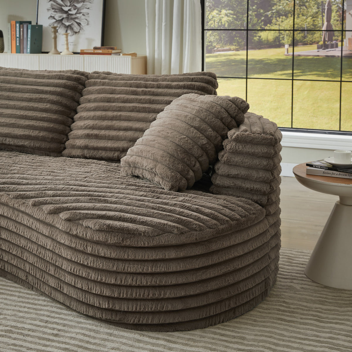 MAYEERTY 120.9" Brown Corduroy Curved L Modular Sectional Sofa, Pocket Spring No Assembly Couch for Living Room Reception