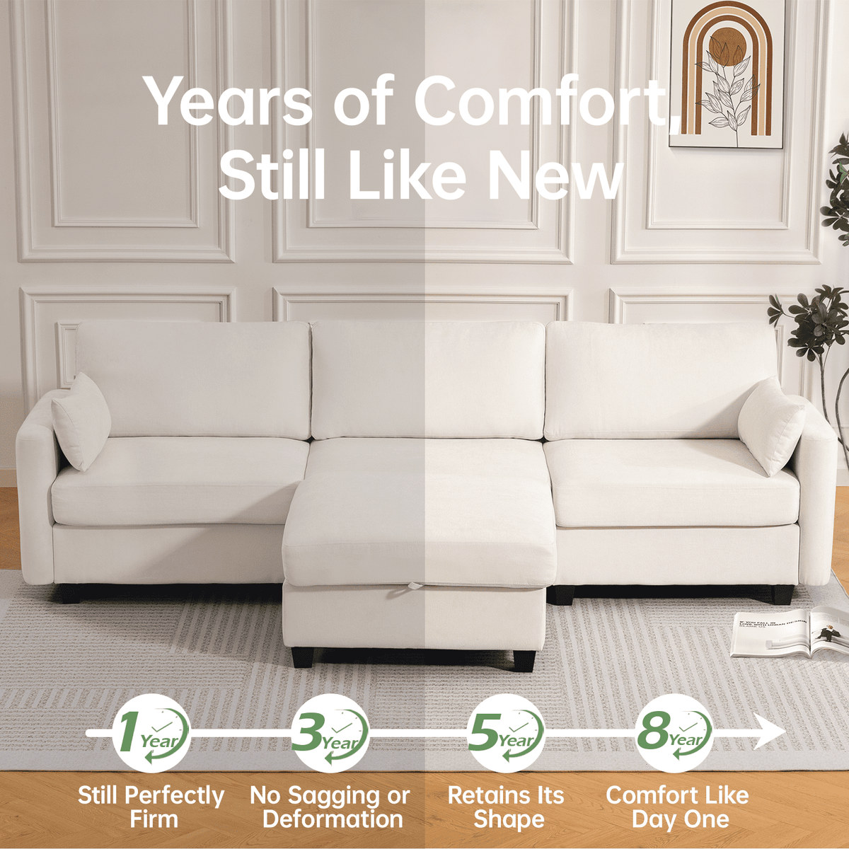 109" Modular L-Shaped Sectional Sofa, Convertible 4-Seat Sleeper Couch with Storage Ottoman, Movable Ottomans, Oversized Deep Seat for Living Room Apartment