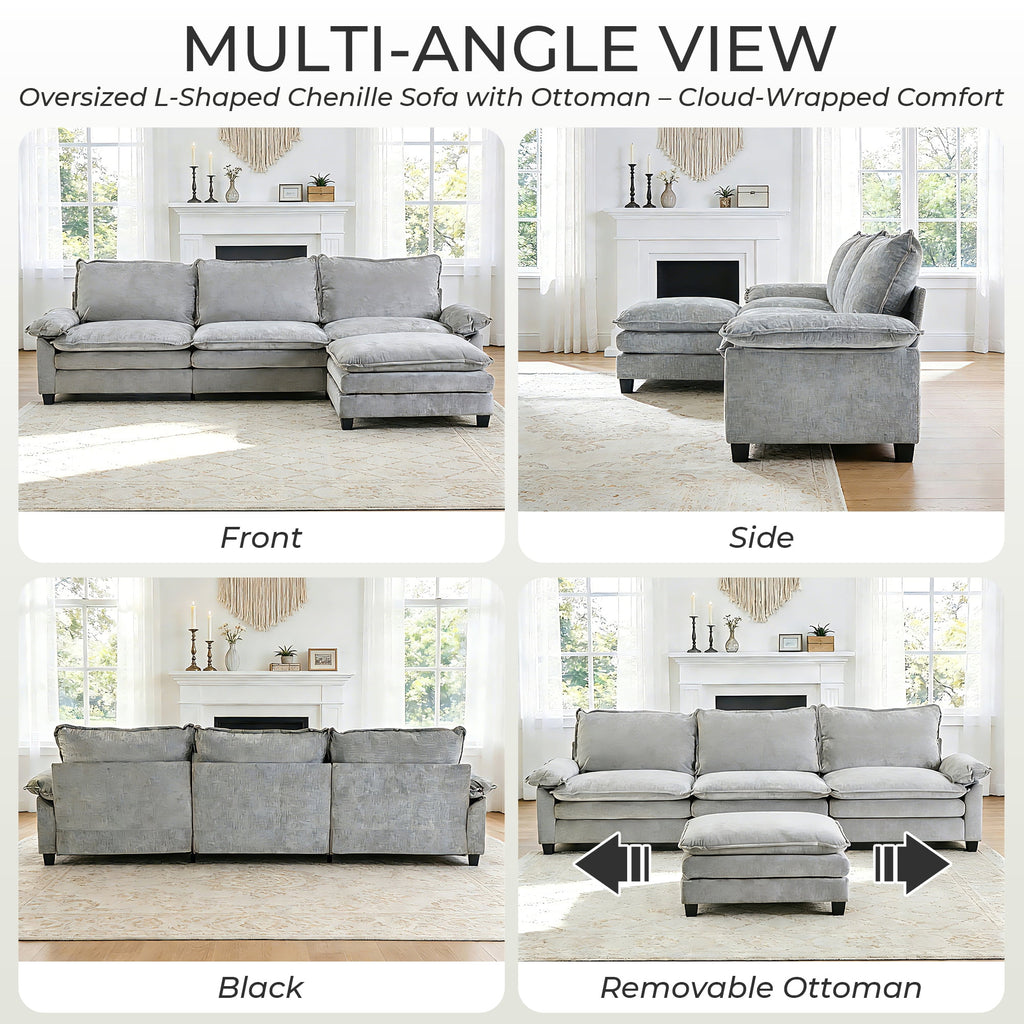  122" W L Shaped Sectional Sofa, Modern Chenille Deep Seat Cloud Couch with Movable Chaise, Plush Living Room Couches for Apartment, 3-Seater Light Gray