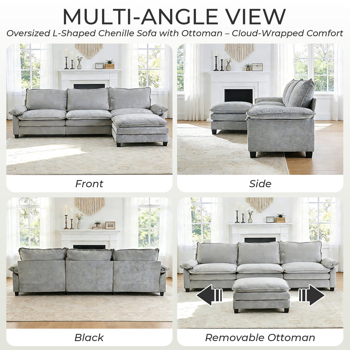  122" W L Shaped Sectional Sofa, Modern Chenille Deep Seat Cloud Couch with Movable Chaise, Plush Living Room Couches for Apartment, 3-Seater Light Gray