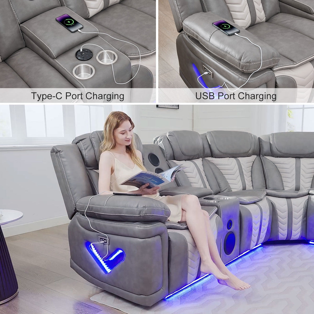 Power Reclining L-Shaped Sectional Sofa with LED Lights, Speakers, Cup Holders, Grey Faux Leather
