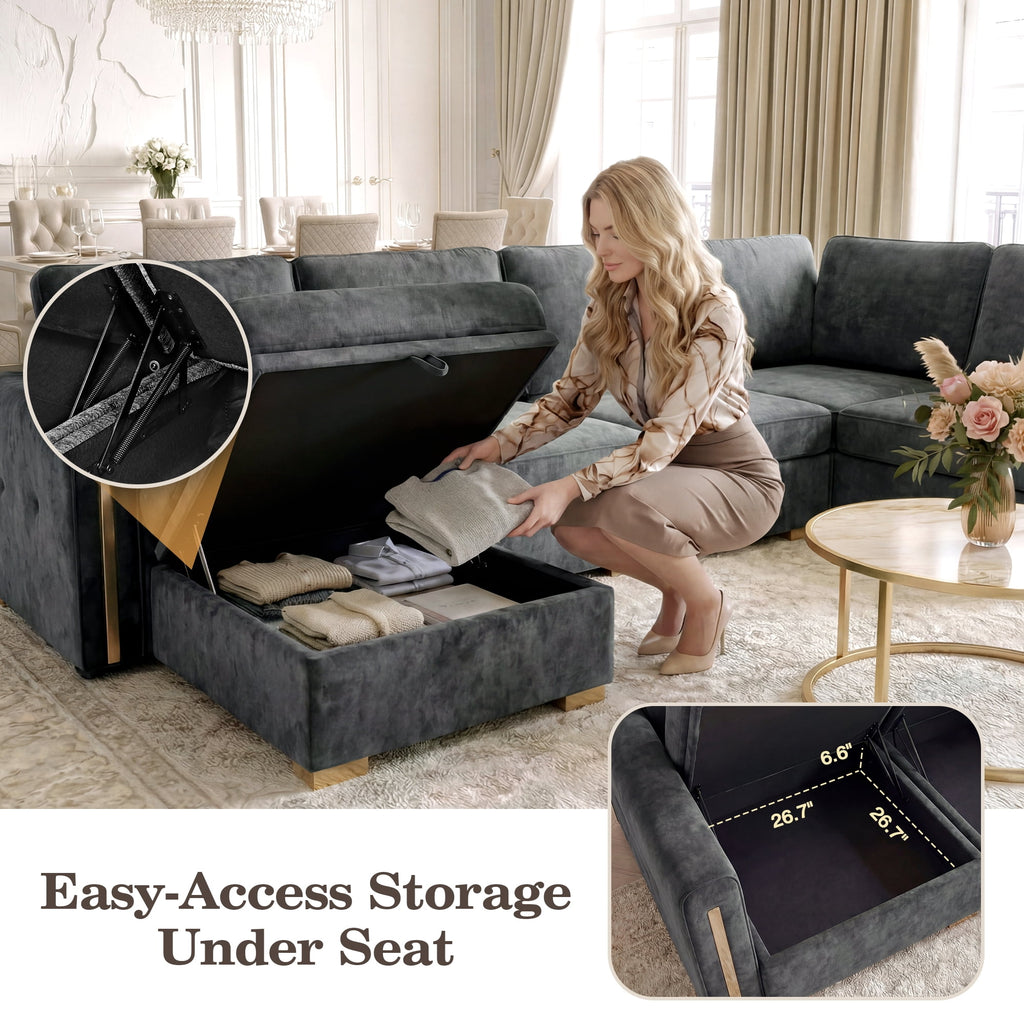 Advwin 126" U-Shaped Oversized Modular Sectional Sofa with Ottoman, Storage Under Each Seat & Gold Metal Accents, 5-Seater Modern Luxury Chenille Convertible Cloud Couch for Living Room, Dark Gray