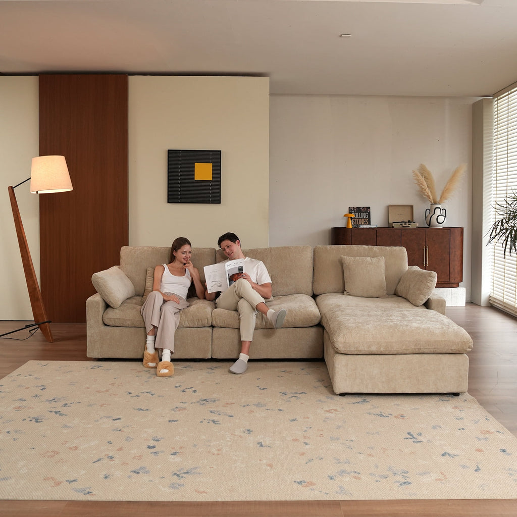 Sdorens 120" Modular Sectional Sofa,Comfy Cloud Couch with Movable Ottoman Deep Seat Chenille L Shaped Modular Sofa,Sectional Couches for Living Room,Bedroom and Apartment,Khaki