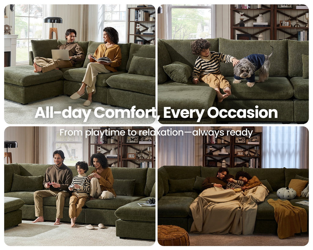 CHIC HOUSE Oversized Modular Sofa,Extra Deep Cloud Corduroy Sectional Couch with Ottoman Chaise,FSC Certified Fluffy Chenille Corner V Shape Sofa for Living Room,Villa