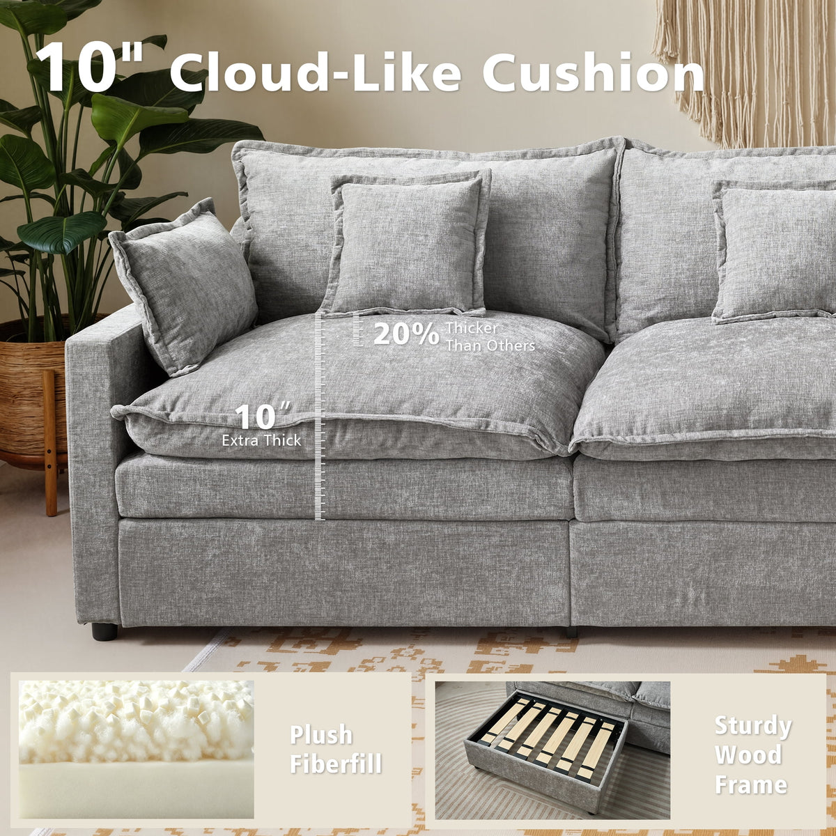  108" Modular Sofa U-Shaped Cloud Sectional Couch with 2 Ottomans, Comfy Deep Seat Chenille Sofa for Living Room, Apartment, Gray