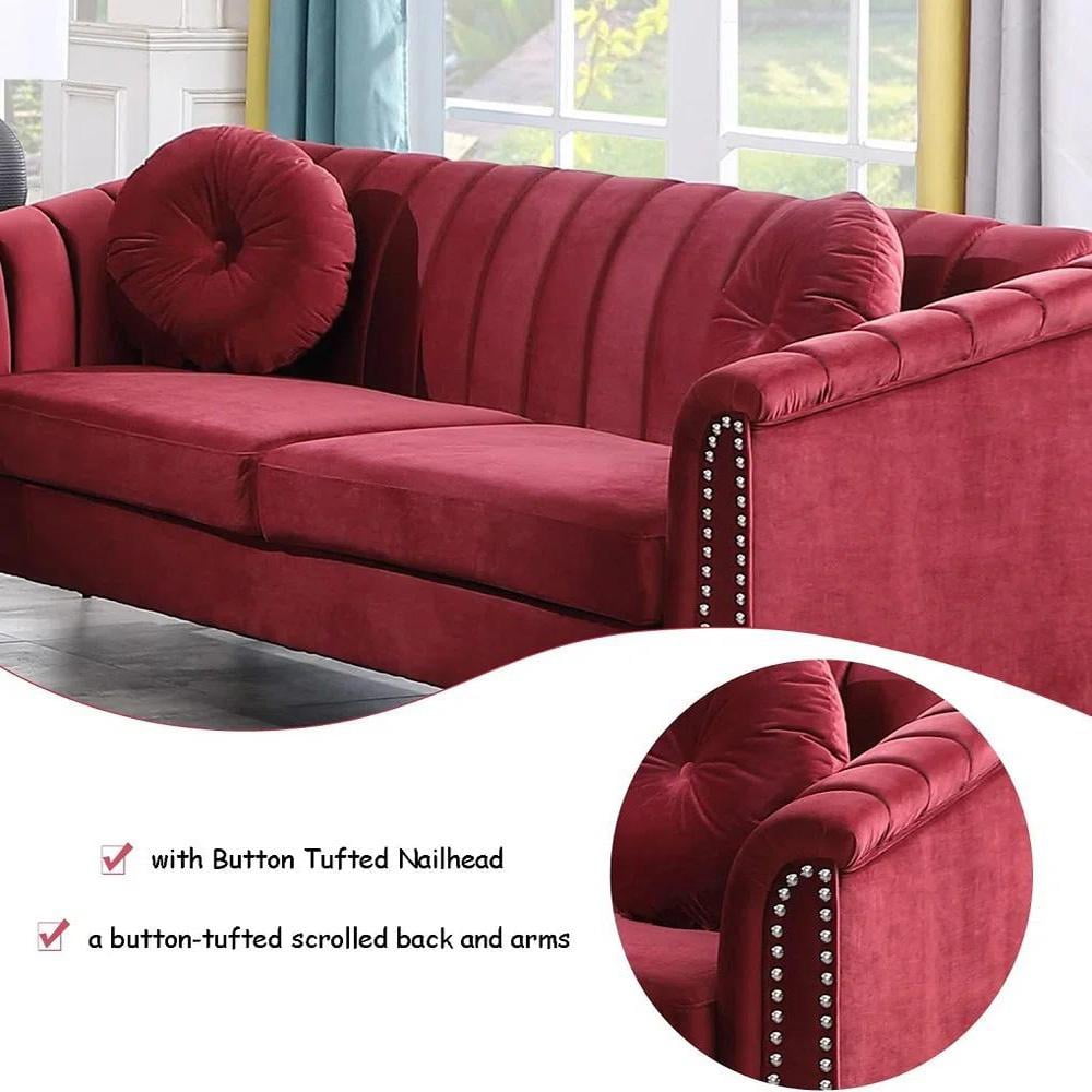  Chesterfield Velvet Sofa Couch with Nailhead Trim and 2 Pillows for Living Room,Red