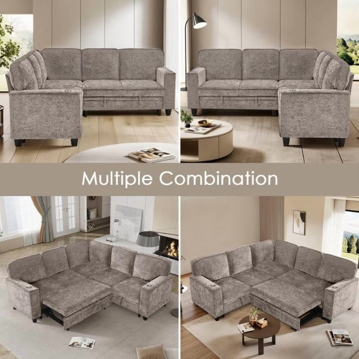 81" Sectional Sleeper Sofa with Pull Out Bed, Modular L-Shaped Chenille Couch with Storage Chaise, USB Charging Ports & Cup Holders for Living Room, Apartment, Light Brown
