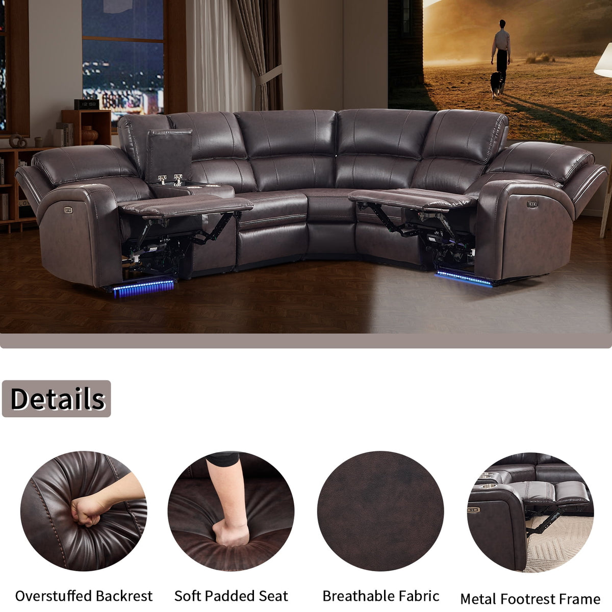  Power Reclining Sectional Sofa with LED Lights ? Faux Leather L-Shape Sectional with Dual Power Recliners, Storage Console & Cup Holders