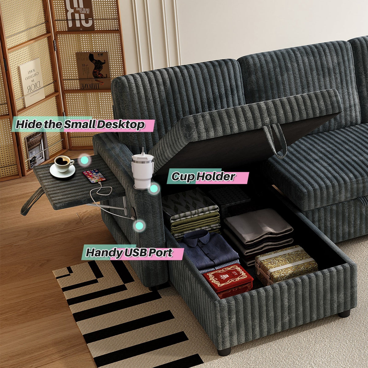 110" U Shaped Couch,Sleeper Sectional Sofa, Convertible Cloud Sofa with Pull Out Bed,Modular Couch with Double Storage Chaise, Small Desktop,USB (Corduroy,Dark Grey)