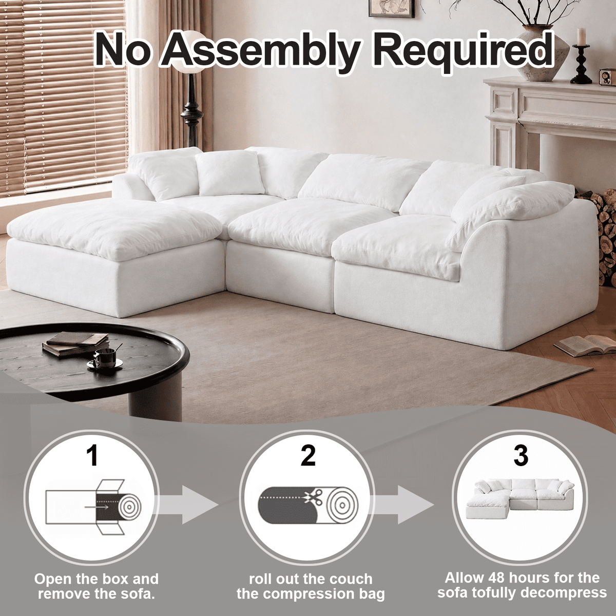 Boneless Modular Sectional Cloud Couch, Compressed Sofa in a Box with Deep Seat & Oversized Chaise, L-Shaped Chenille Sofa for Living Room(White)