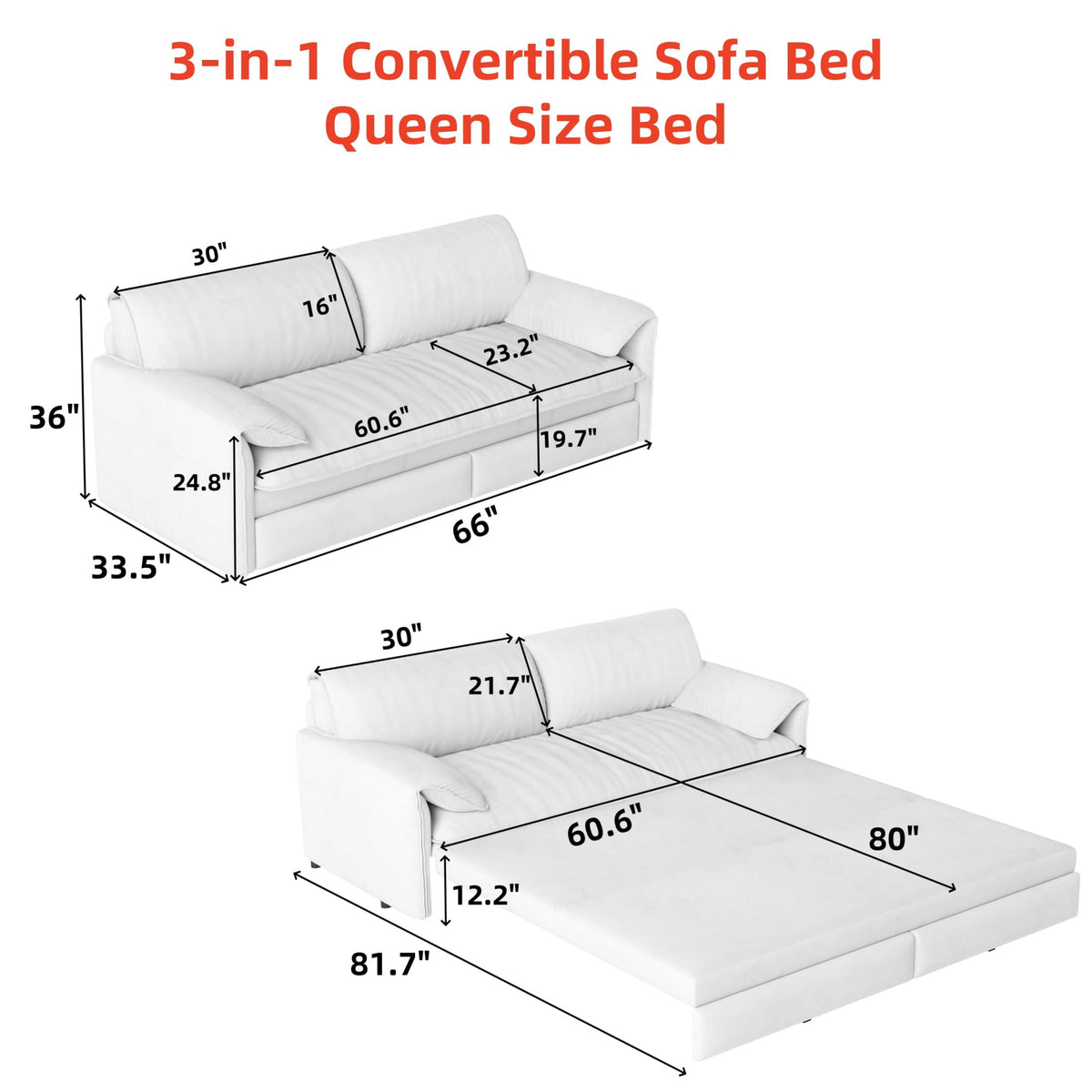  Queen Sleeper Sofa Bed, Convertible Loveseat Pull Out Sofa Couch with Pillow Arm/Side Pockets, Beige