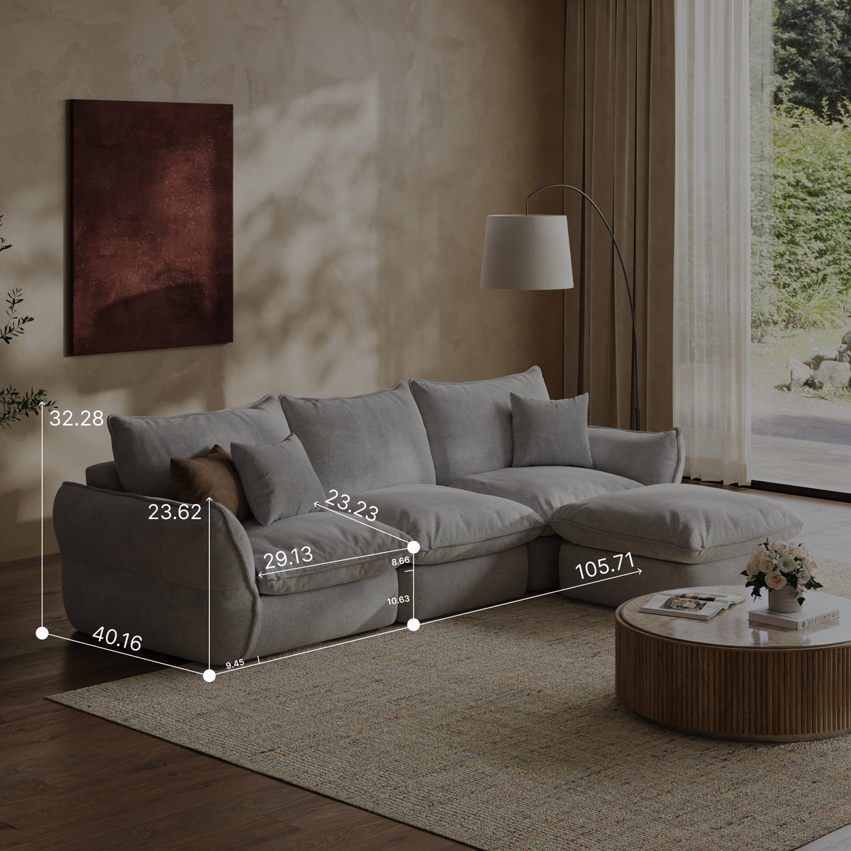 Goosea 106'' Oversized Down Blend Sofa, Cushions Filled with a Feather Blend , Modern Comfort Sofa for Living Room, Grey