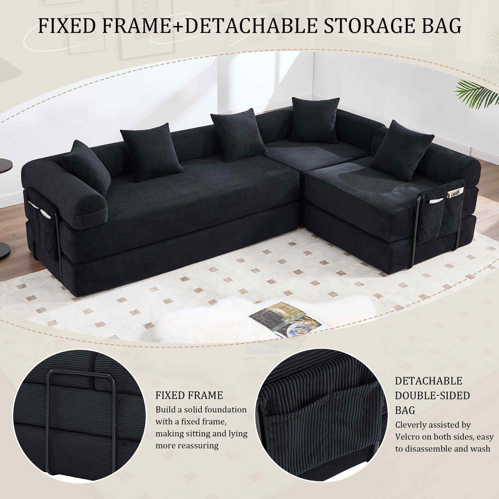 Timbernest 106" Oversized L-Shaped Cloud Couch, Convertible Sleeper Sofa, Folding Corduroy Sofa Bed for Living Room, Black