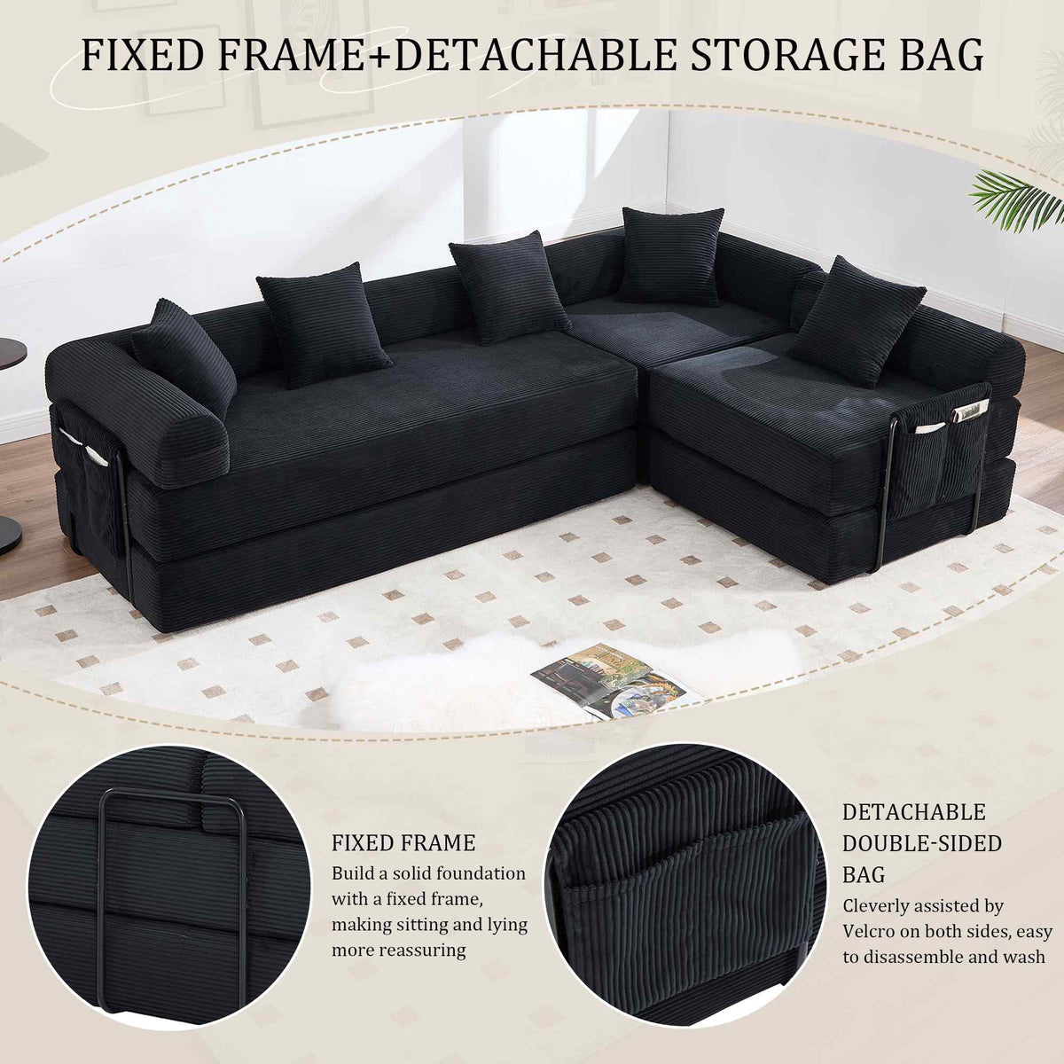 Timbernest 106" Oversized L-Shaped Cloud Couch, Convertible Sleeper Sofa, Folding Corduroy Sofa Bed for Living Room, Black