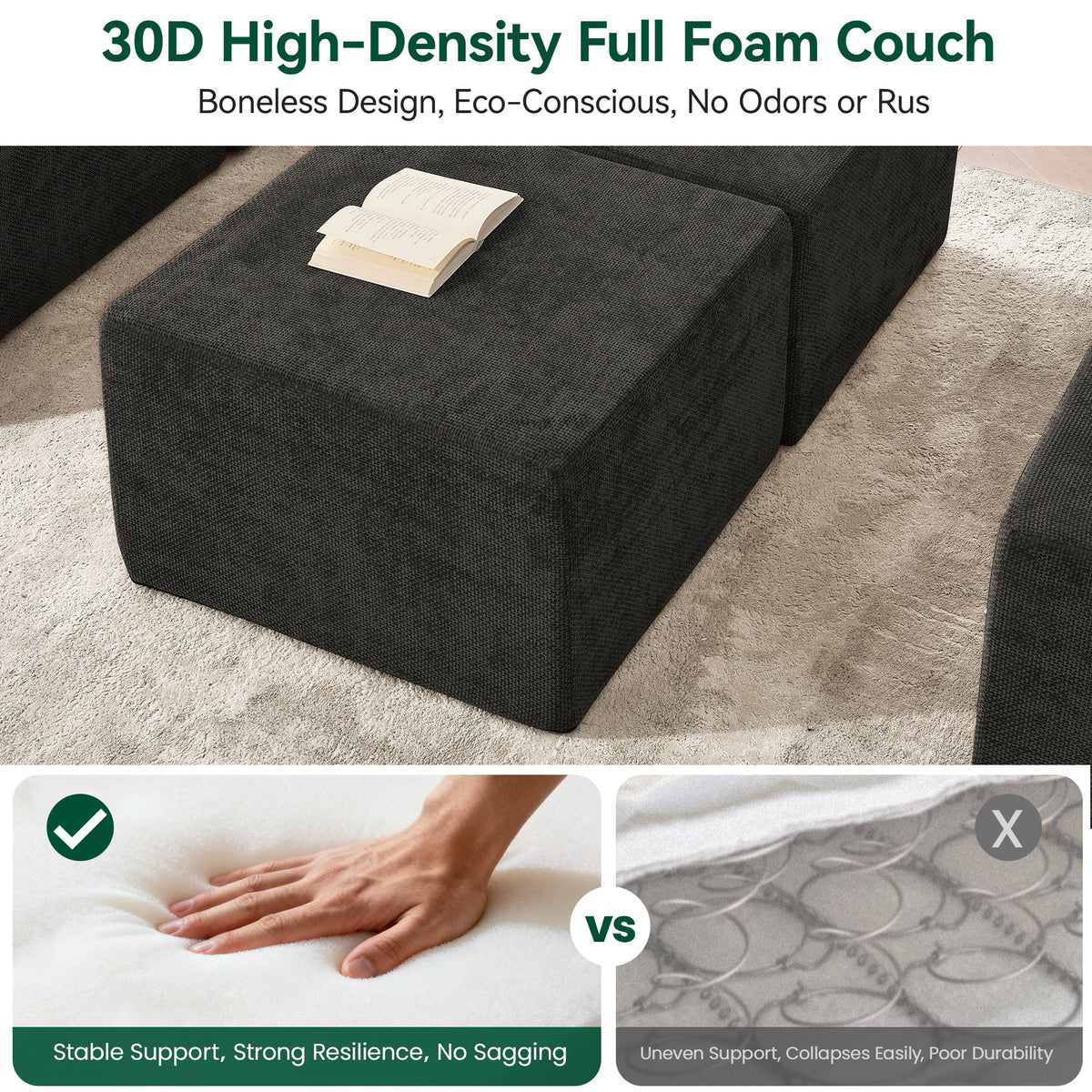  130" 6-Piece Modular Sectional Sofa with 2 Movable Ottomans, U-Shaped Cloud Couch for Living Room, Modern Chenille Deep Seat Sofa Set, Flexible Oversized Sleeper Couches, Black