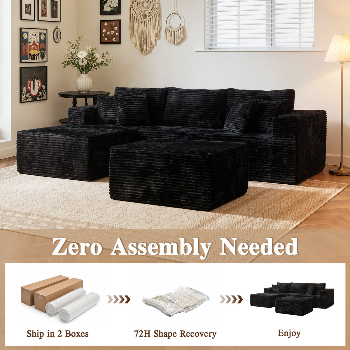  108" Boneless Couch L Shape Cloud Modular Sectional Couch with Chaise & Ottoman, Comfy Corduroy Sofa for Living Room, Apartment, Black