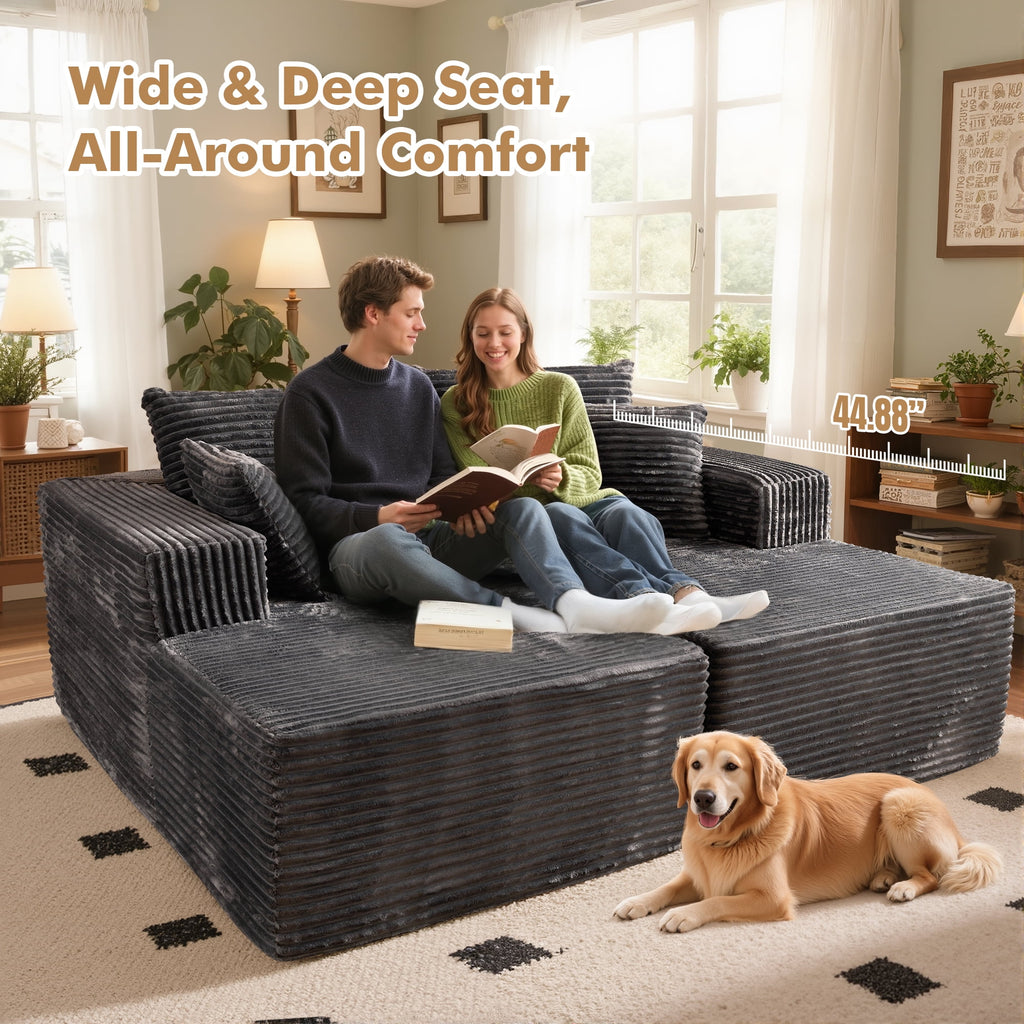 XIZZI Oversized Chaise Lounge Chair Indoor Double, Modular Sectional Sofa with Plush Corduroy, Sleeper Sofa Boneless Couch for Living Room Bedroom, No Assembly Required, Gray