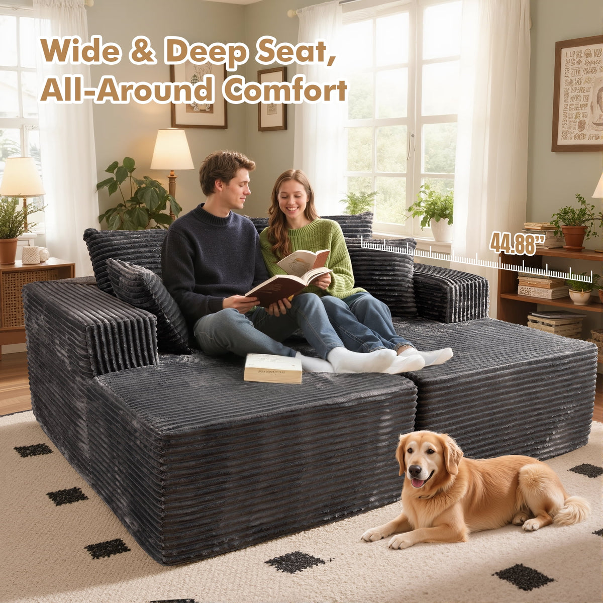 XIZZI Oversized Chaise Lounge Chair Indoor Double, Modular Sectional Sofa with Plush Corduroy, Sleeper Sofa Boneless Couch for Living Room Bedroom, No Assembly Required, Gray